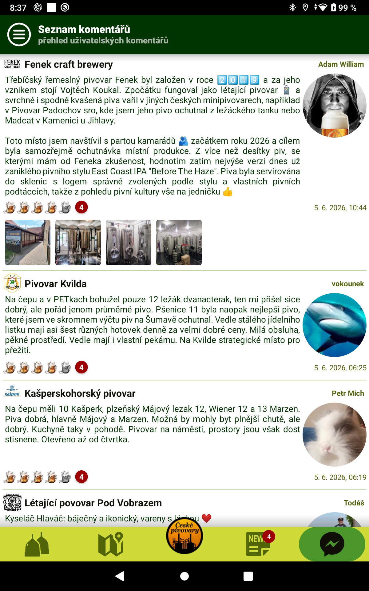 Uživatelská data v aplikaci České pivovary do kapsy