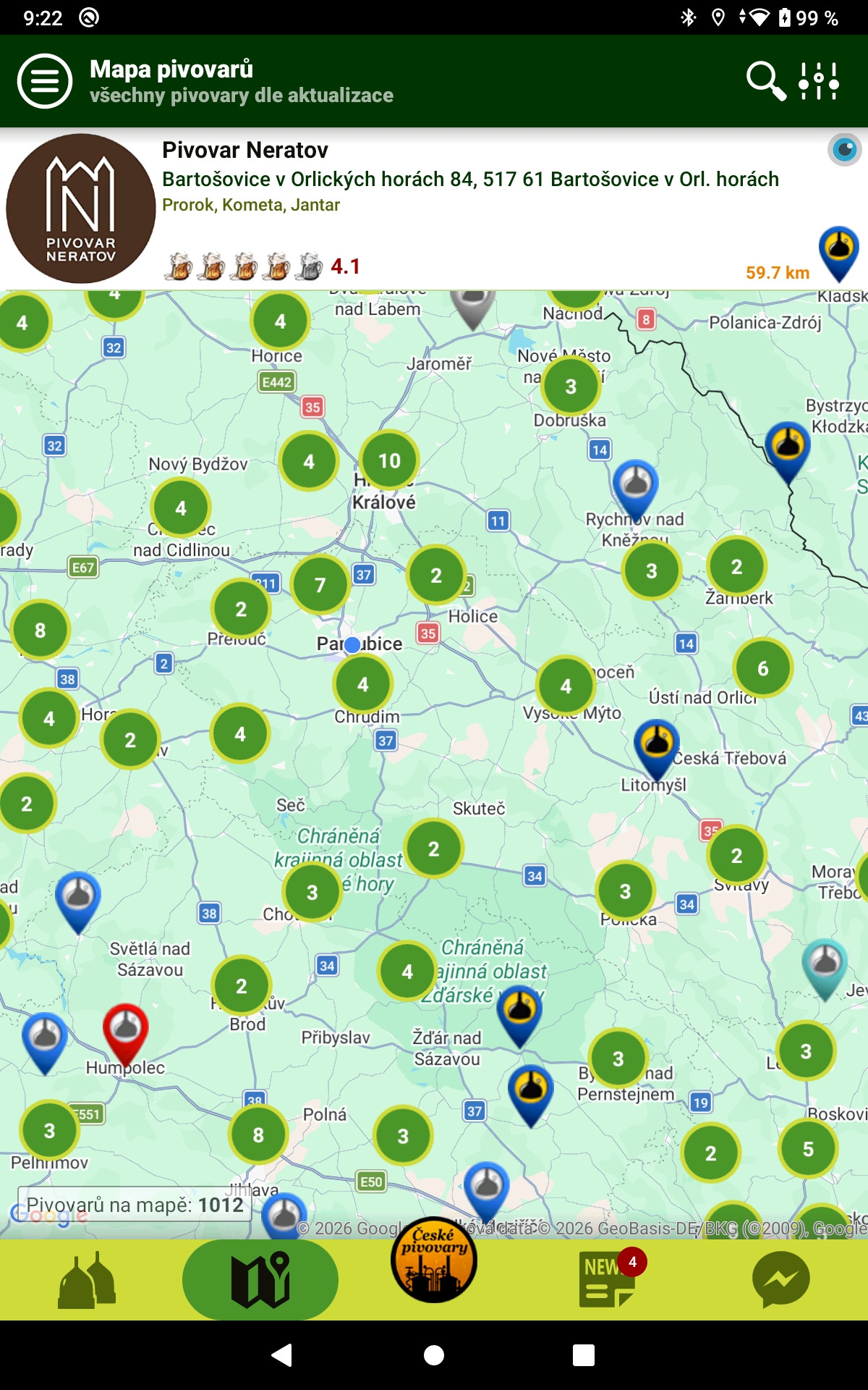 Hlavní menu aplikace České pivovary do kapsy